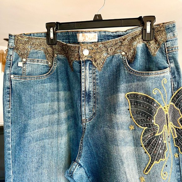 CREST JEANS Butterfly Embroidered Lace Detail Stretch Vintage JEANS Sz. 19/20 - Picture 7 of 9